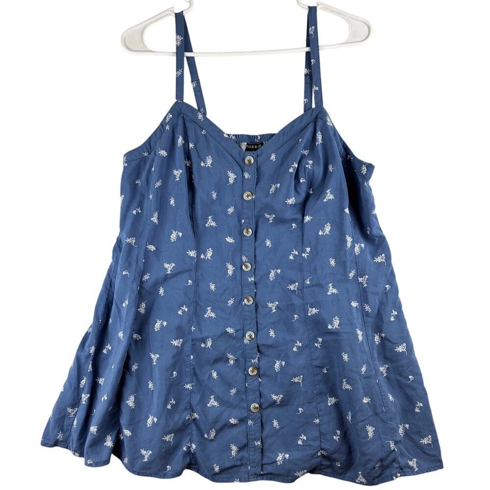 Torrid Babydoll Tank Women's 00 (Large) Blue Ditsy Floral Smocked Back Feminine